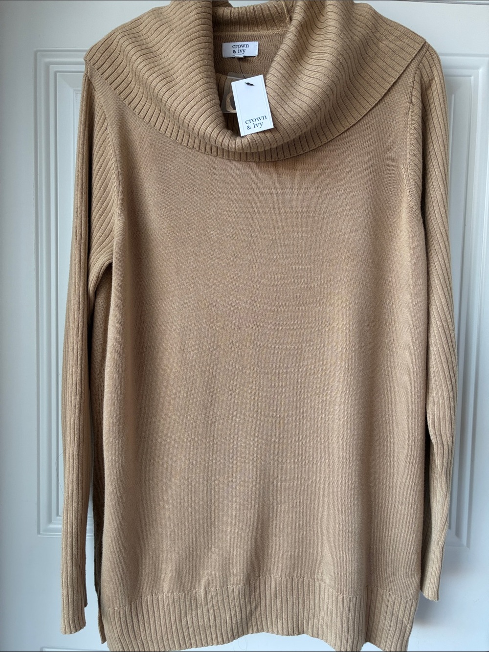 crown & ivy Camel Ribbed Cowl Neck Sweater